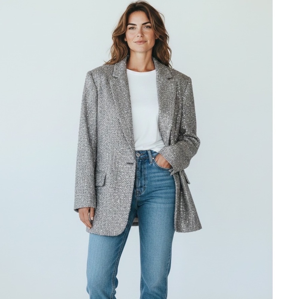 Banana Republic Tinsel Tweed Blazer Silver Metallic Jacket 817820-00 4
